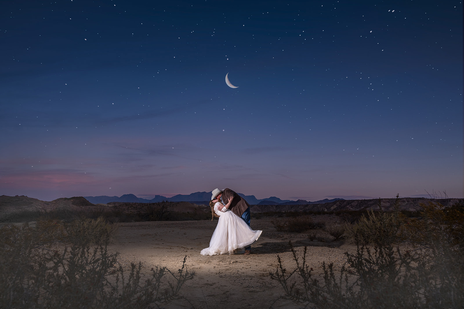 Big Bend night elopement under a crescent moon by GR Weddings
